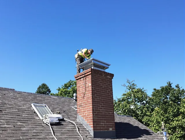 Seven Hills Chimney Sweep technician measuring a chimney cap in Seven Hills, OH
